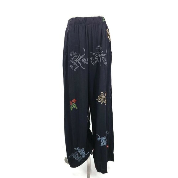 Vintage JG's Mad Lab Black Pants Womens Small Rayon Blend Handpainted Floral - Picture 1 of 6